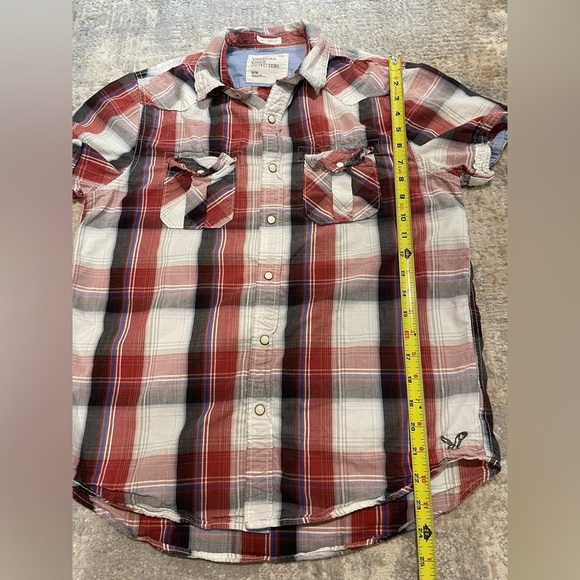 American Eagle Vintage Fit Short Sleeve Shirt Sz Medium Plaid Western Pearl Snap - Picture 2 of 9